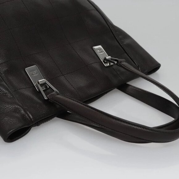 CHANEL Hand Bag Grained Calf Skin Dark Brown Silver CC - Picture 11 of 16